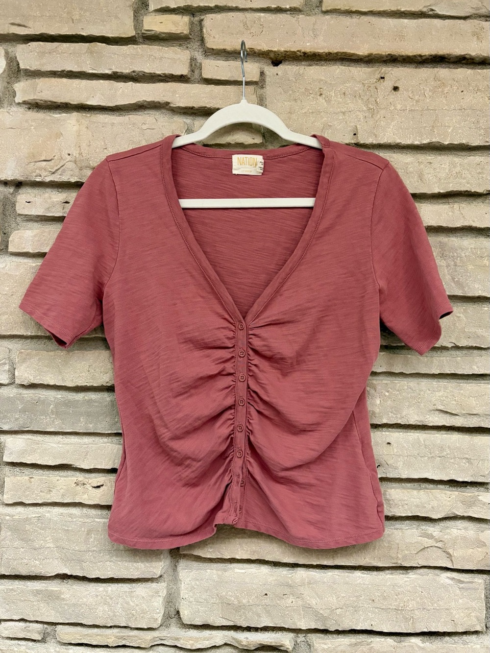 Pink-Rose Ruched V-Neck Button Front Top